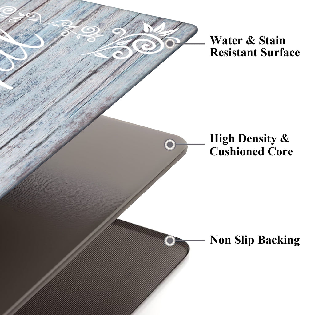 MeyJey Farmhouse Kitchen Rug Set of 2, Non-Slip Anti-Fatigue Waterproof Cushioned Mat for Kitchen, Dining & Laundry Room, 18"x30"+18"x48" Teal/Brown