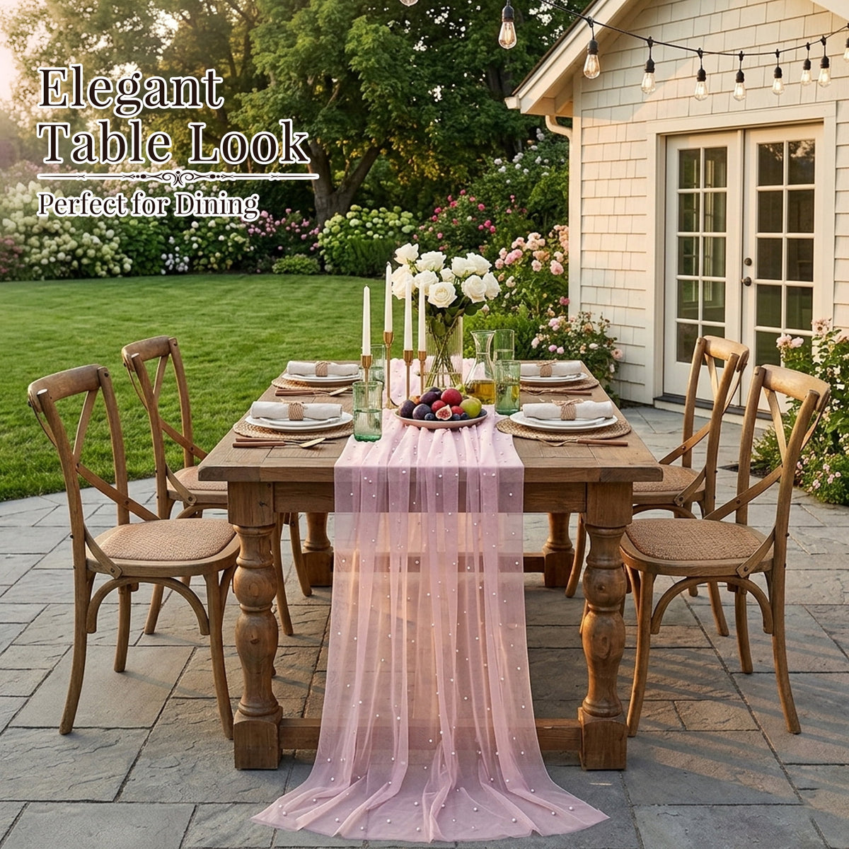 Inosoo Pearl Gauze Table Runner 30x120 inch, 10FT Sheer Tulle Table Decor with Shatterproof Pearls for Wedding Party Dining, White
