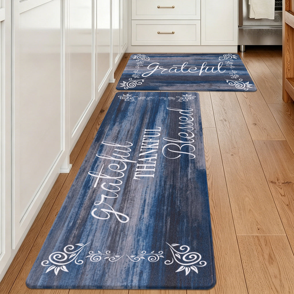 MeyJey Farmhouse Kitchen Rug Set of 2, Non-Slip Anti-Fatigue Waterproof Cushioned Mat for Kitchen, Dining & Laundry Room, 18"x30"+18"x48" Teal/Brown