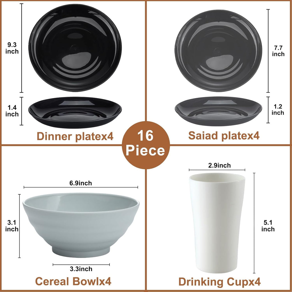 Bestdin Black Dinnerware Set for 4, 16 Pieces Plastic BPA-Free Dinner Plates, Salad Plates, Cereal Bowls, Cups, Unbreakable Plates and Bowls Sets for Kitchen, Microwave and Dishwasher Safe