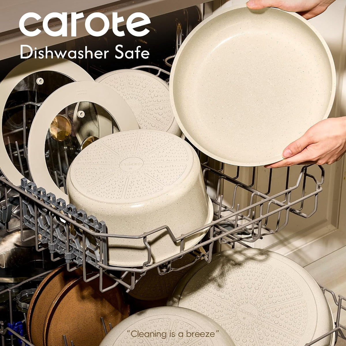 CAROTE 19-Piece Ceramic Pots and Pans Set, Nonstick Cookware Set with Lids, Induction Compatible, Oatmeal