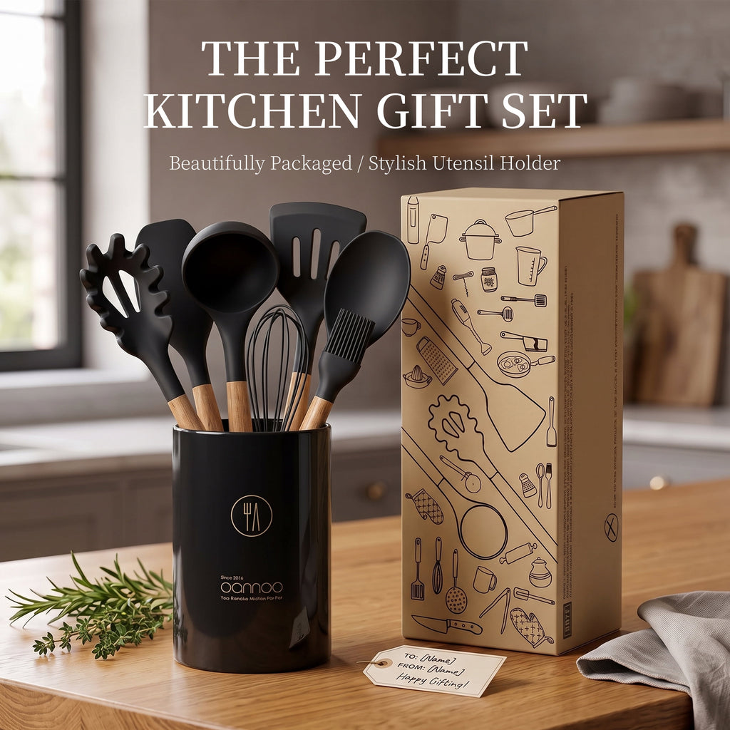 Silicone Cooking Utensils Set - Silicone Kitchen Utensils for Cooking Wooden Handles, 446°F Heat Resistant Kitchen Utensil Spatula Sets w Holder, Gadgets for Non-Stick Cookware BPA FREE (Black)