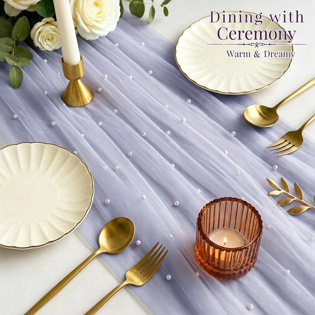 Inosoo Pearl Gauze Table Runner 30x120 inch, 10FT Sheer Tulle Table Decor with Shatterproof Pearls for Wedding Party Dining, White
