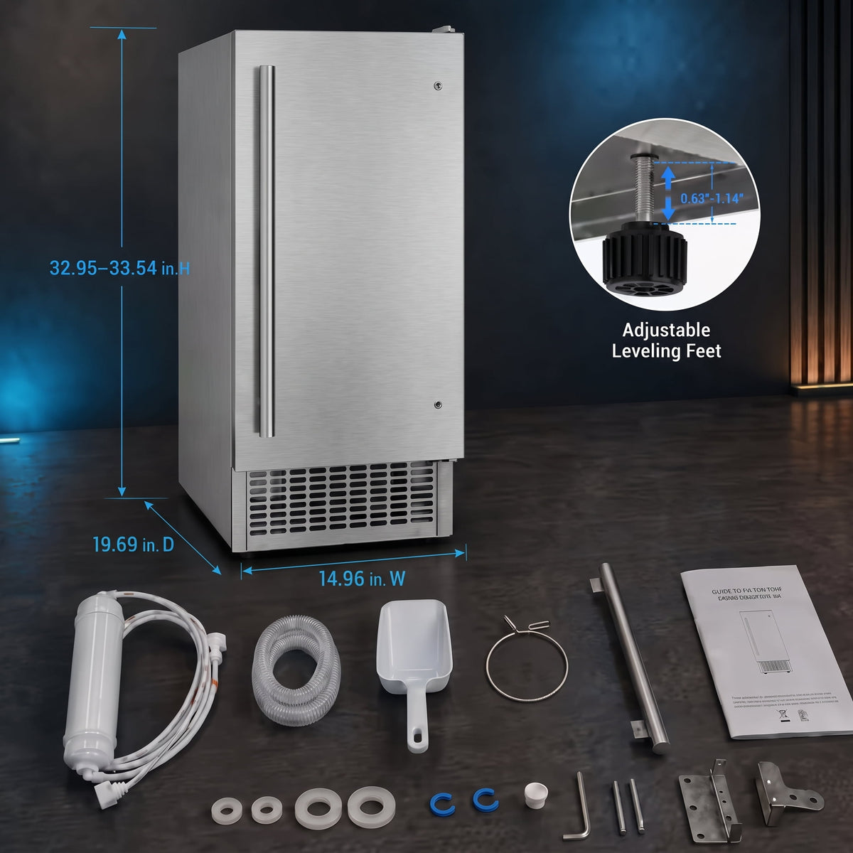 RIOXC Gourmet Top Hat Ice Maker 70 lbs, 15 Inch Built-in Undercounter Machine, Spray Tech for Home Bar & Commercial, ETL
