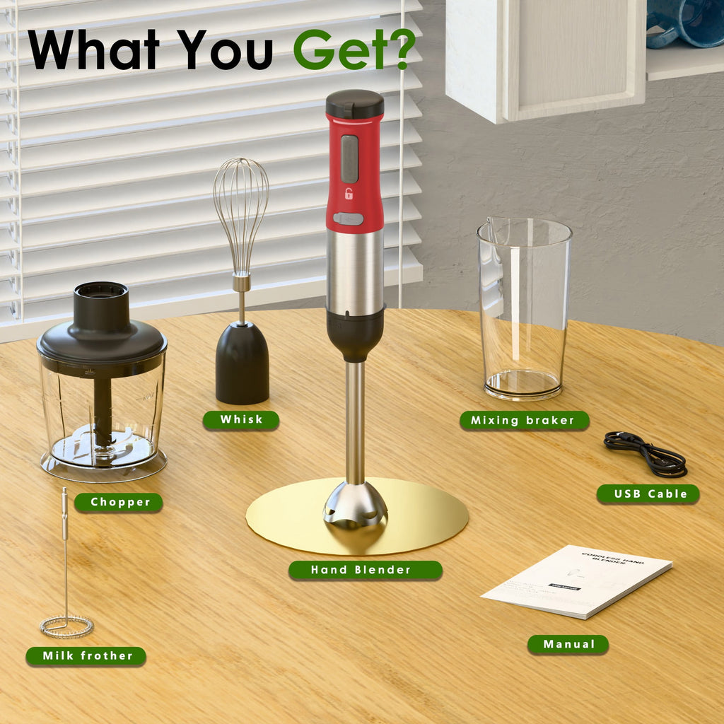 WHALL Cordless Immersion Blender, Rechargeable 5-in-1 Hand Blender with Whisk, Milk Frother Attachments, Portable Stick mixed,700ml Beaker, 500ml Chopper