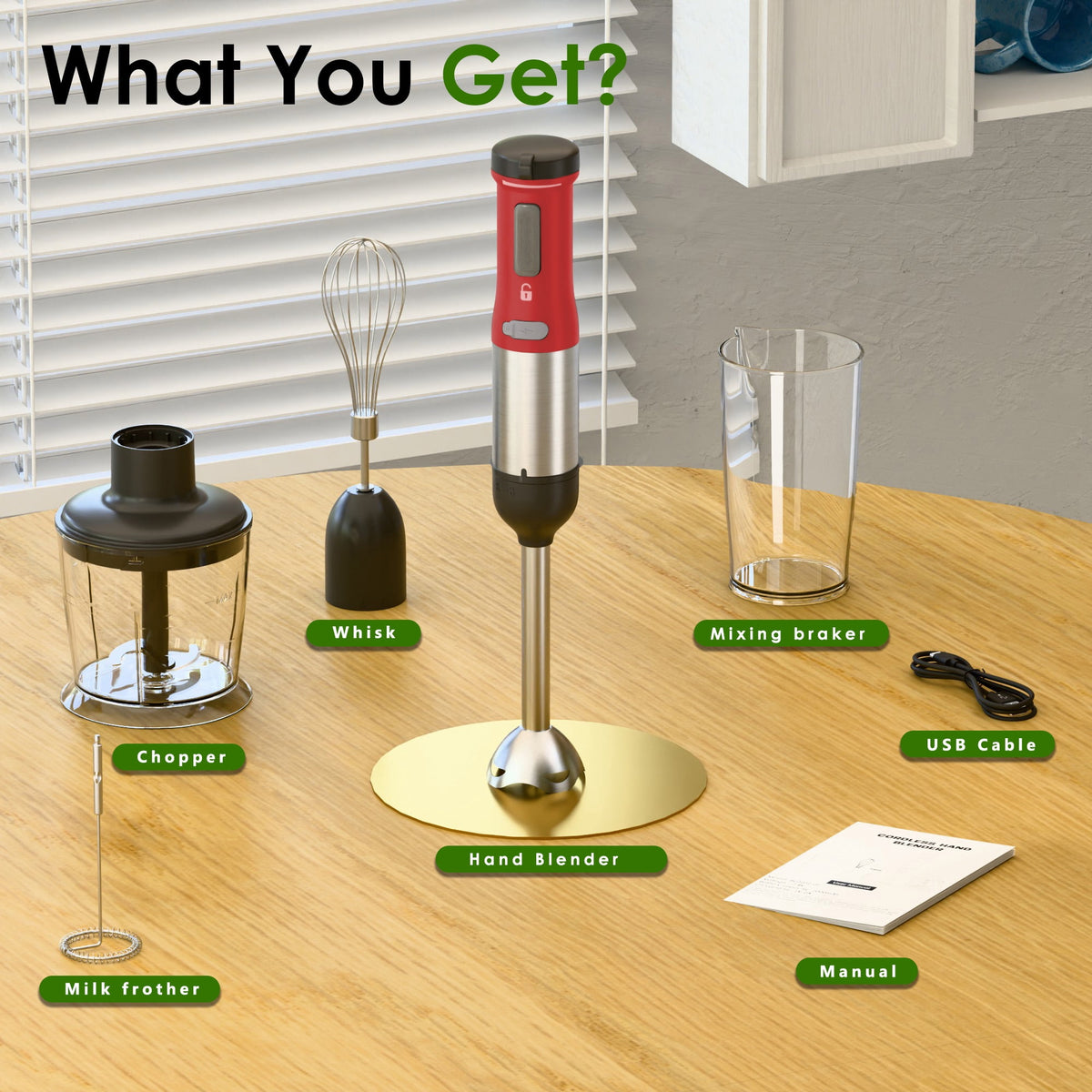 WHALL Cordless Immersion Blender, Rechargeable 5-in-1 Hand Blender with Whisk, Milk Frother Attachments, Portable Stick mixed,700ml Beaker, 500ml Chopper