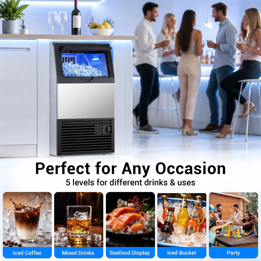 Ecojoy Commercial Ice Maker Machine, 150 Lbs/Day Stainless Steel Under Counter Ice Maker, 40Lbs Ice Storage Bin, Water Filter, 45 Cubes in 8-12 Mins