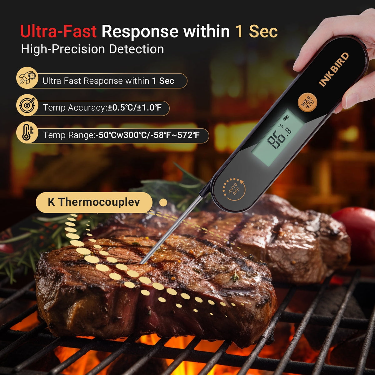 INKBIRD Meat Thermometer with Stainless Steel Probe and LCD Display, Foldable Probe Instant Read Waterproof Digital Food Thermometer , -58°F to 572°F