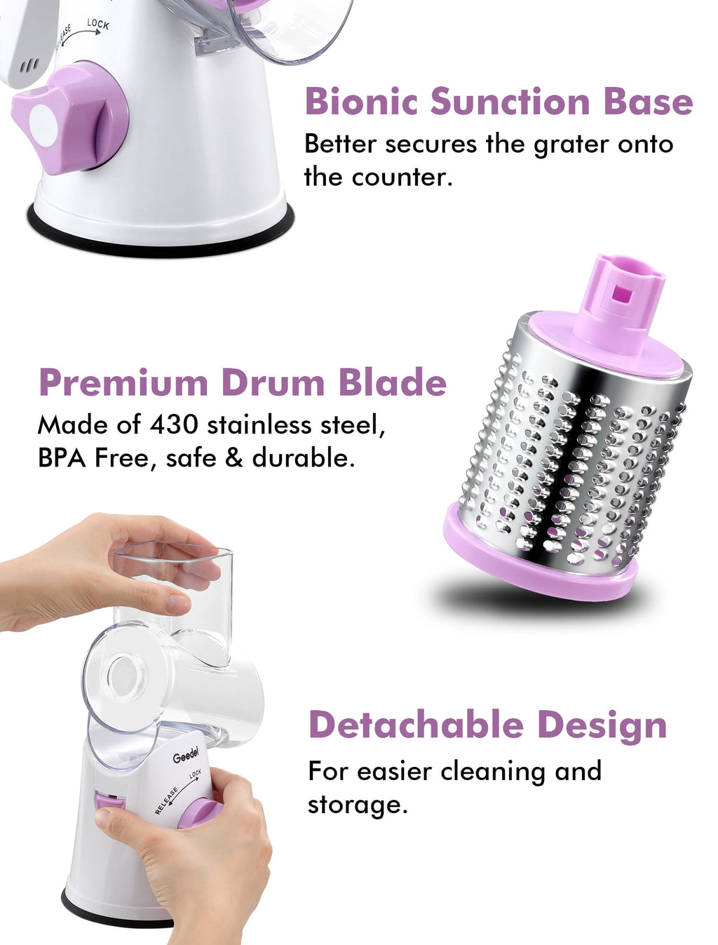 Geedel Rotary Cheese Grater, Kitchen Grater with Strong Suction Base, Dishwasher Safe, Easy to Clean Grater for Cheese,Vegetable, Nuts (3 Blades)