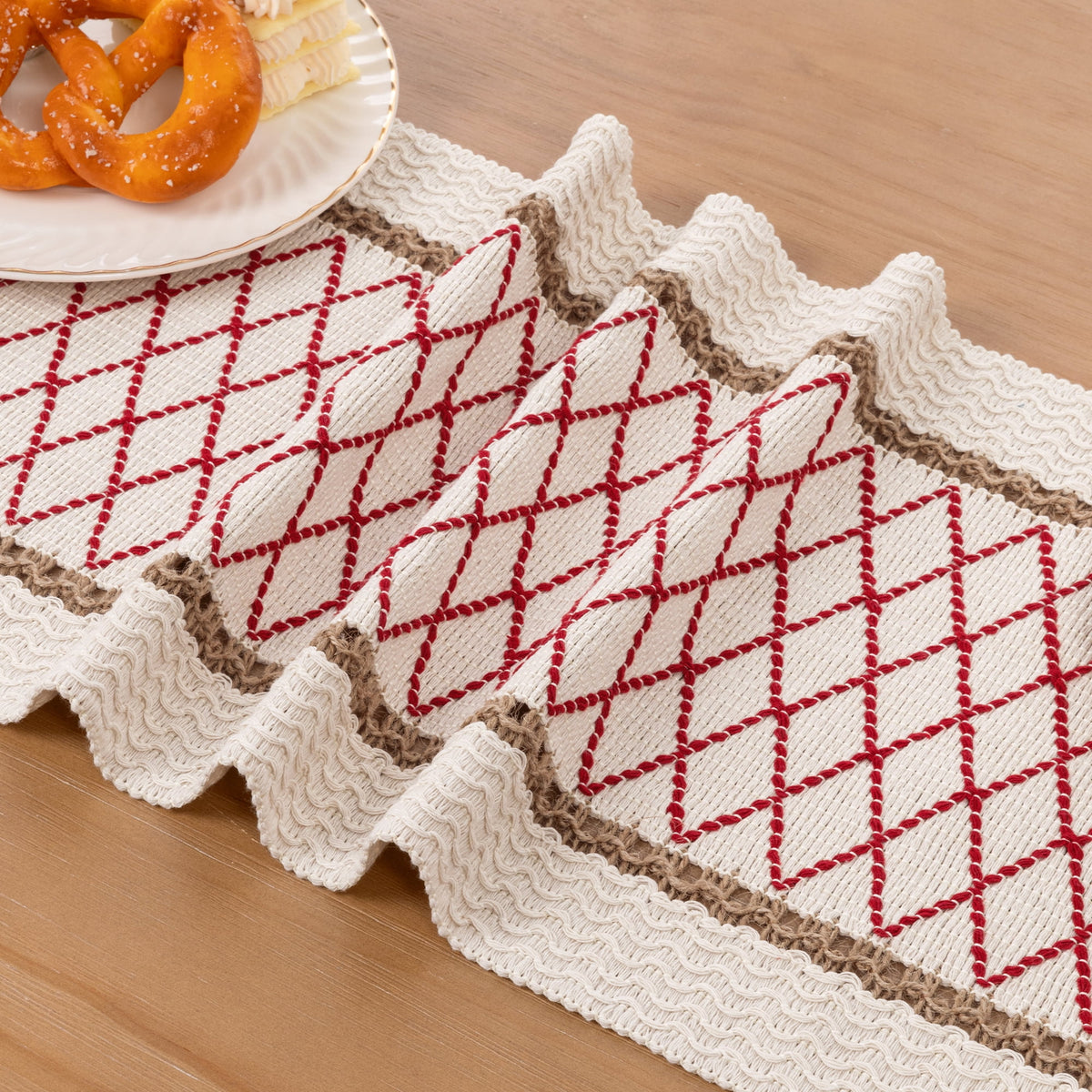 MeyJey Table Runner and Placemats Set of 4, Washable Fabric Rectangle Dining Table Mats with Tassels for Dining Tables, Kitchen, Red/Beige