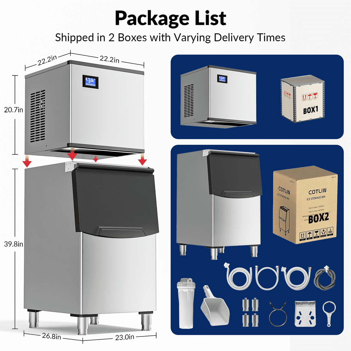 RIOXC Commercial Ice Maker Machine 650LBS/24H with 350LBS Bin, Split Clear Nugget Ice Makers, Fast Ice Maker Ice-Ready in 8-15mins for Restaurant Bar Hotel