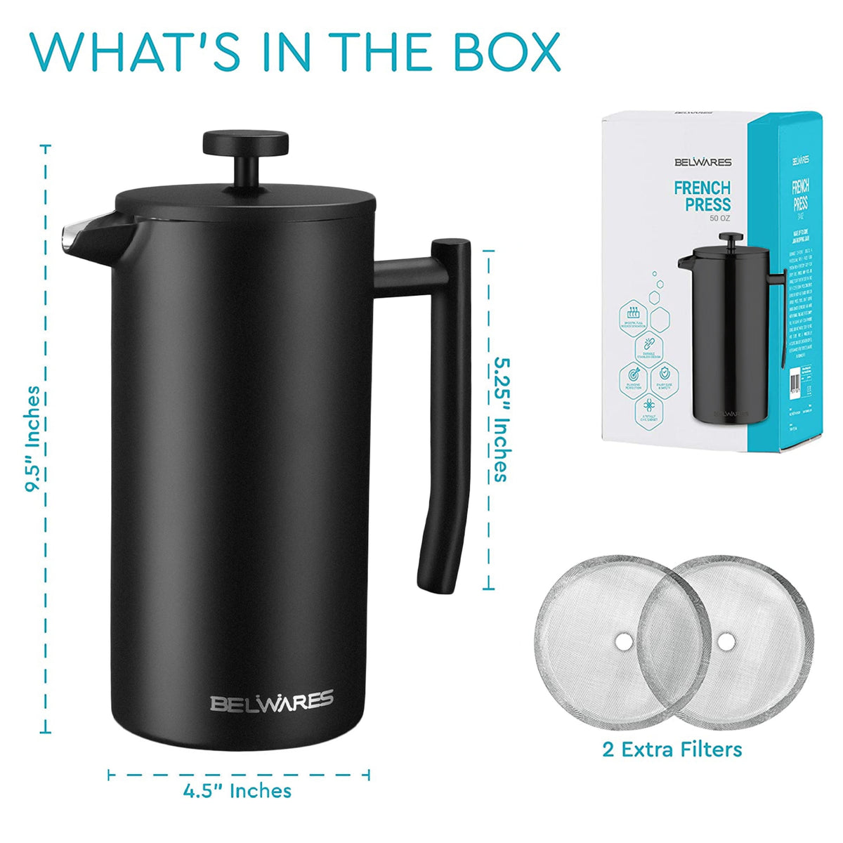 Belwares French Press Coffee Maker 50 oz, Stainless Steel French Press Coffee Press with Double Wall Filtration