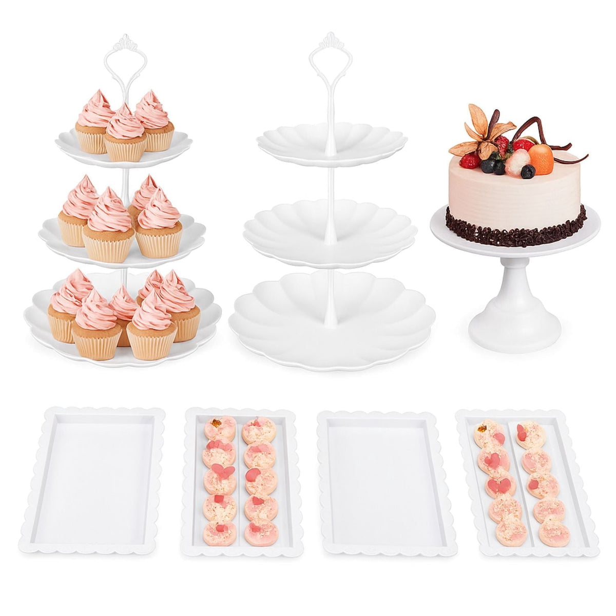 TINANA 7-Piece Dessert Stand Set, 3-Tier Cupcake Stands, Plastic Cake Stand and Serving Trays for Wedding Party Baby Shower