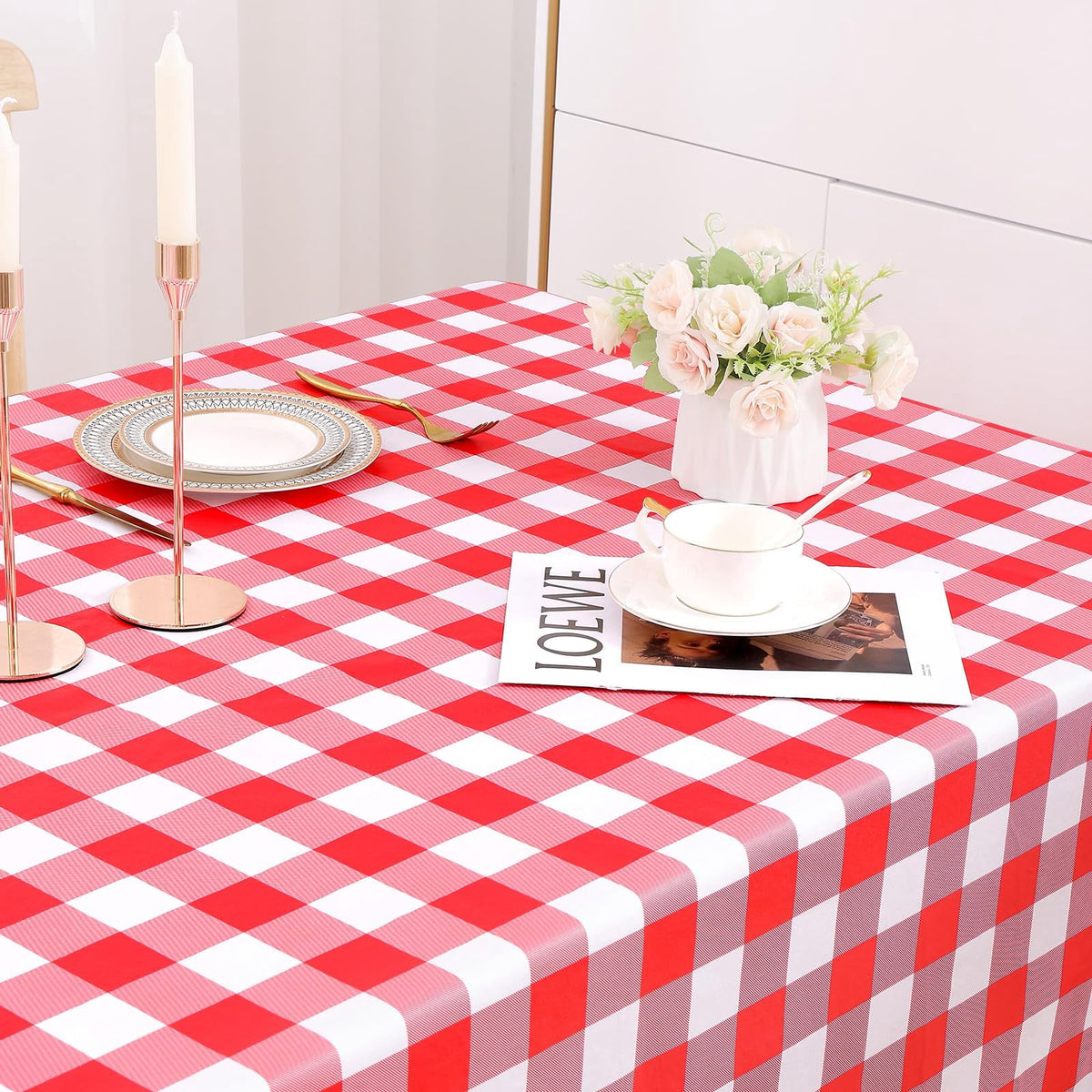 decorUhome Rectangle Tablecloth, Waterproof Vinyl Flannel Backed Table Cloth, Buffalo Wipeable Plastic Table Cover for Kitchen and Outdoor, Black and White, 60" x 84"