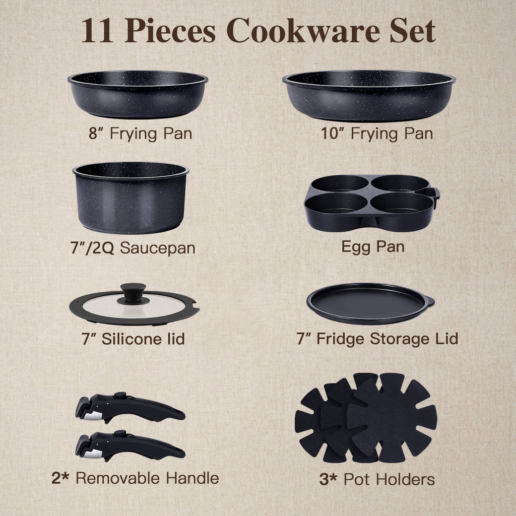 Gipp 11pcs Ceramic Cookware Sets, Pots and Pans Set Non Stick with Removable Handle, Oven & Dishwasher Safe,Induction Cookware