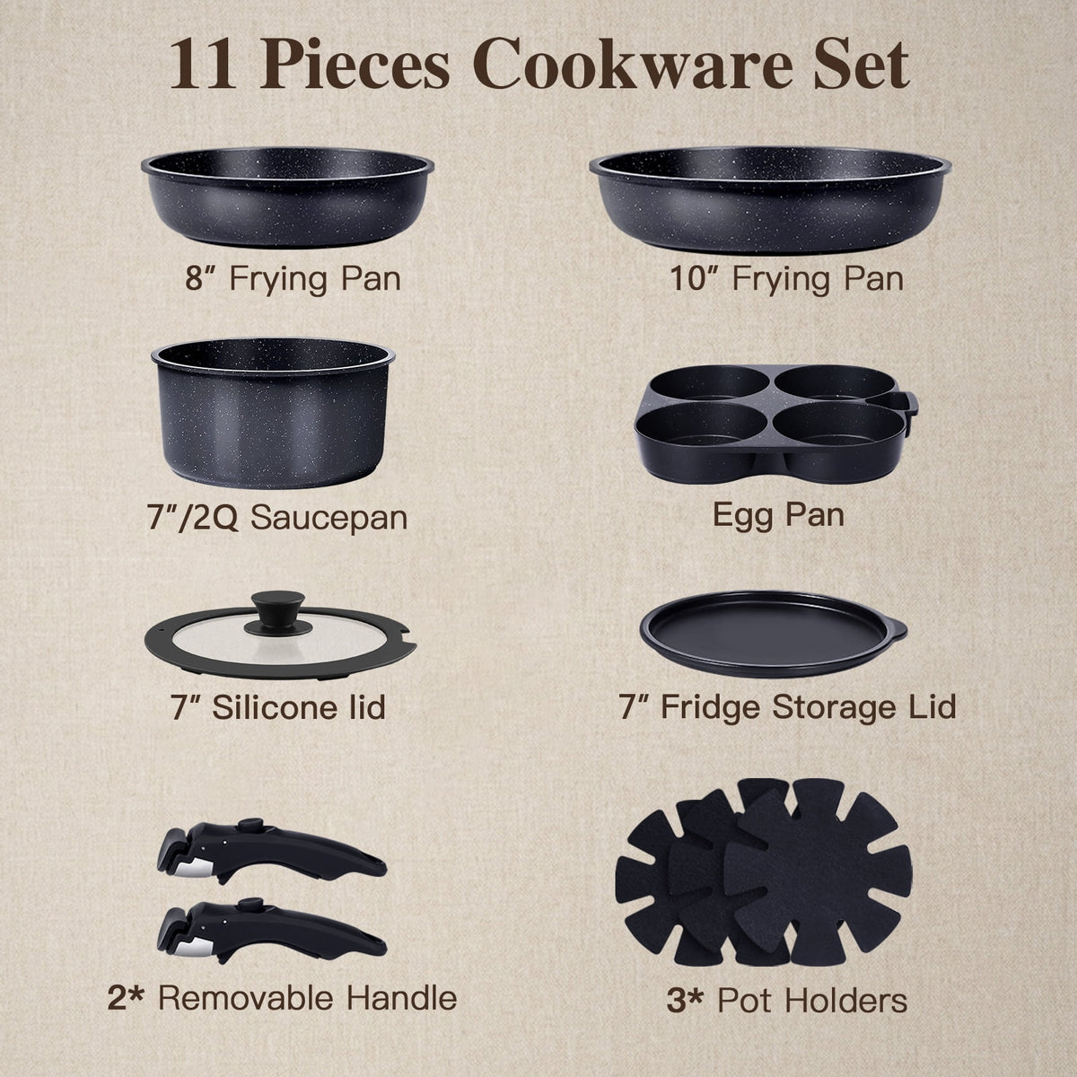 Gipp 11pcs Ceramic Cookware Sets, Pots and Pans Set Non Stick with Removable Handle, Oven & Dishwasher Safe,Induction Cookware