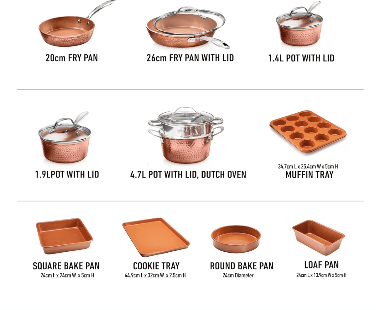 Gotham Steel Hammered 15 Pc Ceramic Cookware Set Nonstick, Deep Copper Pots and Pans Set Non Stick with Bakeware & Deep Fry Pan, Non Toxic Induction Oven and Dishwasher Safe