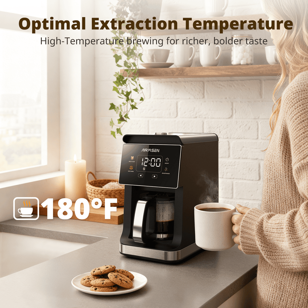 AIRMSEN 2 in 1 Coffee Maker with Grinder, 5-Cup Grind and Brew Coffee Pot, Programmable Coffee Machine, 3 Grind Settings, Up to 4-Hour Keep Warm & 24-Hour Delay Brew