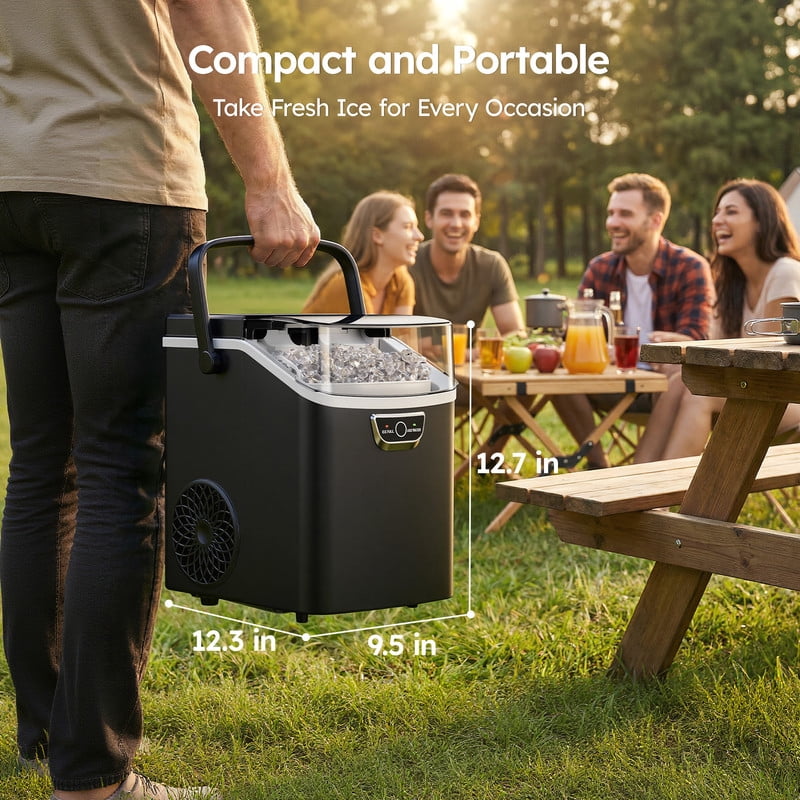 SIMZLIFE Countertop Nugget Ice Maker 33Lbs/24H, 5-Min Ice Cycle, Self-Cleaning, Portable Ice Machine with Basket & Scoop, Black