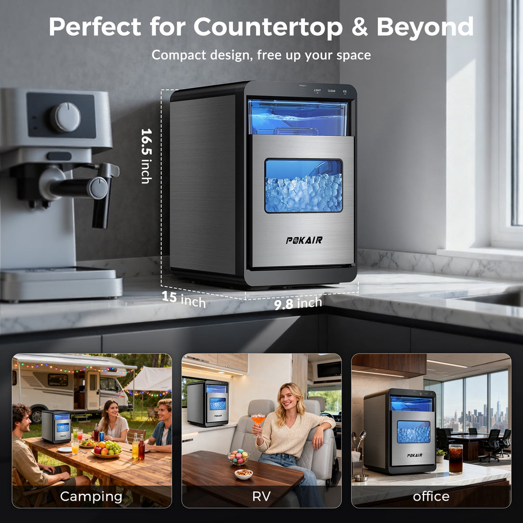 POKAIR Countertop Nugget Ice Maker for Fresh Chewable Ice, 44 lbs/Day Pebble Ice Machine, 9-Min Ice, Self-Cleaning, ETL, Brushed Stainless Steel