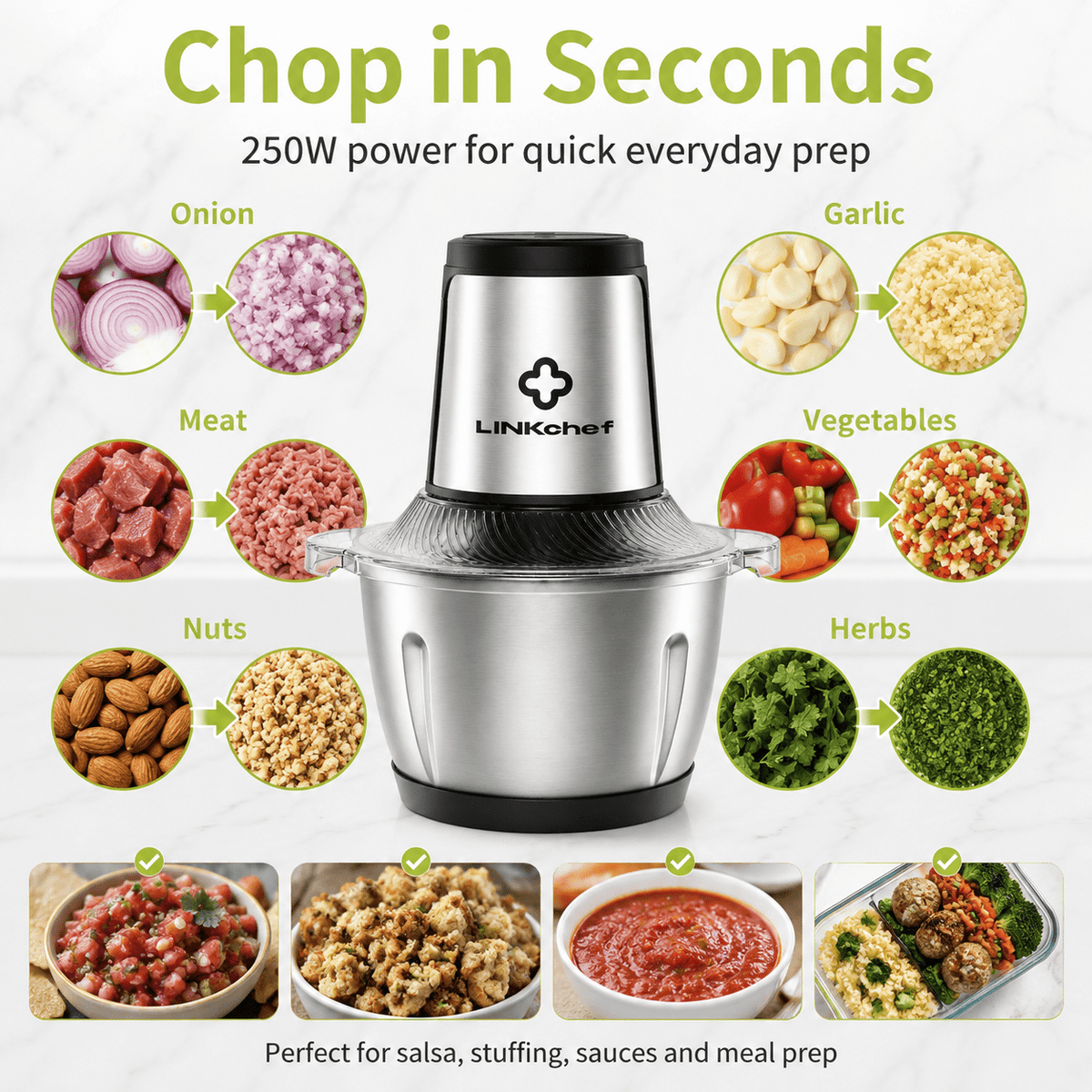 LINKChef 6-Cup Food Processor, Electric Food Chopper & Meat Grinder for Vegetables, Meat & Fruit，Dishwasher Safe
