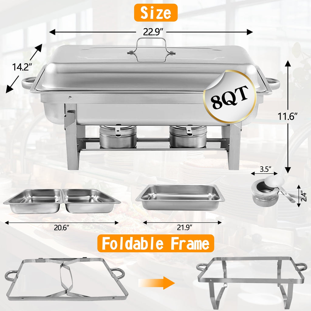 Jacgood Chafing Dish Buffet Set 4 Pack 8QT Full Pan Stainless Steel Food Warmer Chafer Complete Set with Water Pan, Chafing Fuel Holder for Home Party, Buffets, Wedding, Banquet, Catering Events