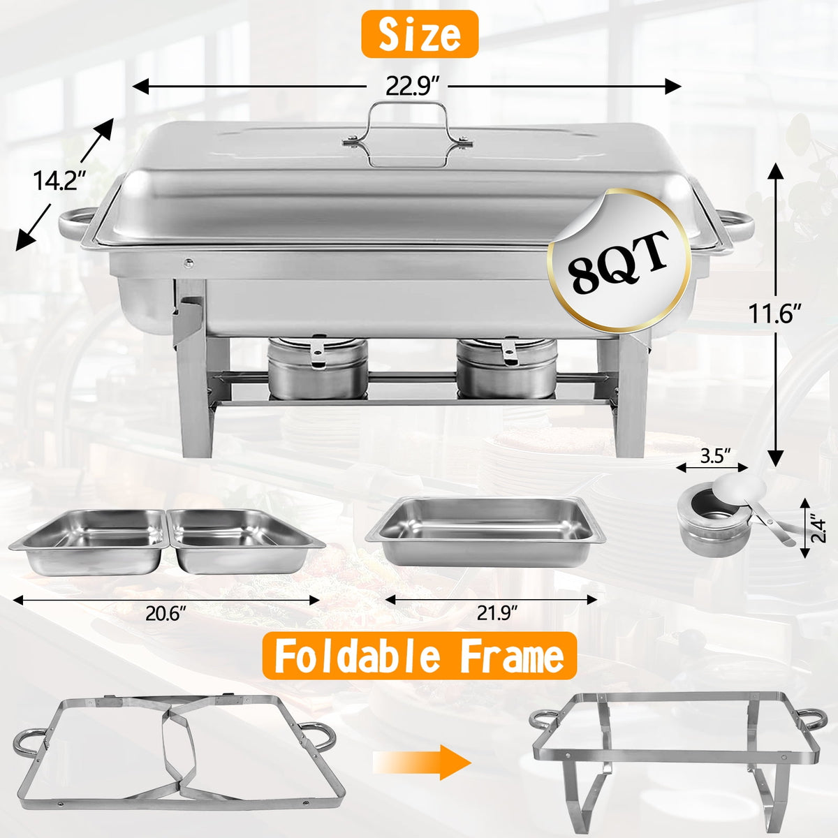 Jacgood Chafing Dish Buffet Set 4 Pack 8QT Full Pan Stainless Steel Food Warmer Chafer Complete Set with Water Pan, Chafing Fuel Holder for Home Party, Buffets, Wedding, Banquet, Catering Events