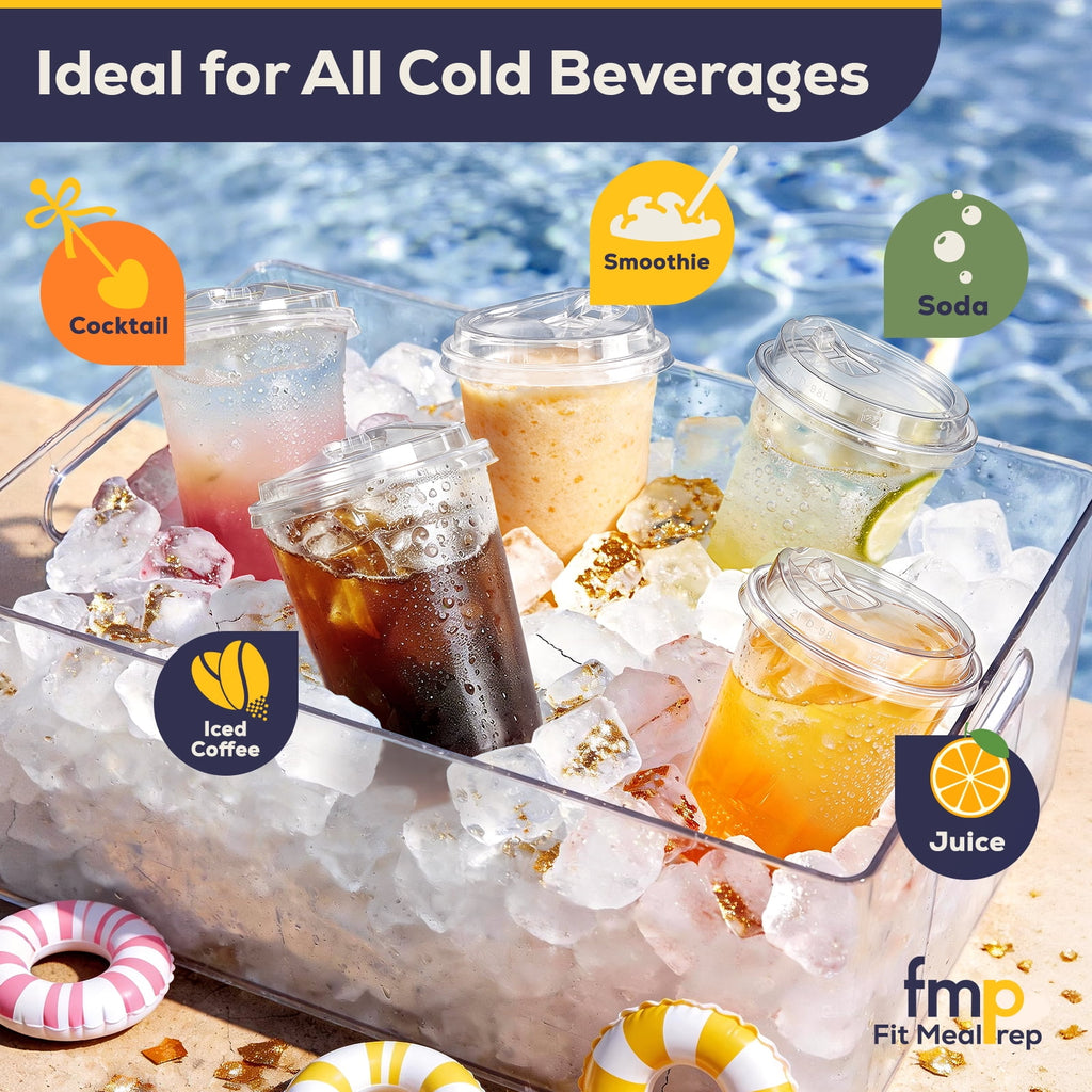 Fit Meal Prep 16 oz Clear Plastic Cups with Strawless Sip Lids, Disposable Cups for Iced Coffee, Smoothies, Cold Drinks and Parties, 50 pack