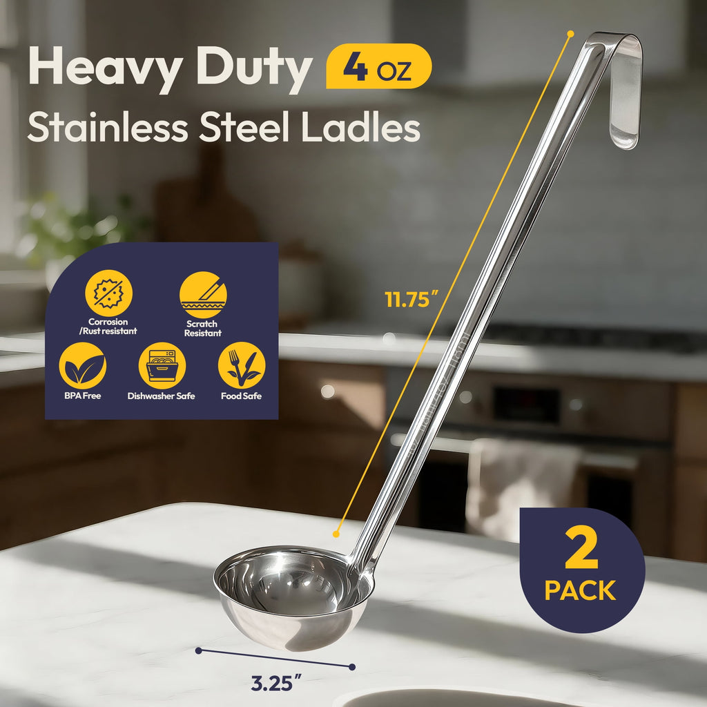 [2 Pack] 6 Oz Stainless Steel Soup Ladle - One-Piece Sauce Spatula with Hook Handles, Commercial Grade Serving Spoon, Kitchen Tool for Restaurant or Home Cooking, Mirror Finish, 14.25" Long