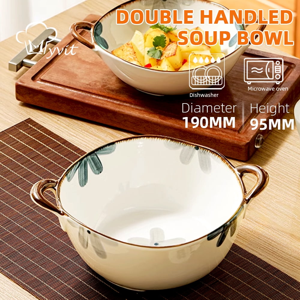 Serving Bowl 59oz Large Ceramic Soup Bowl with Handles Decorative Cereal Pasta Bowl for Salad and Ramen, Oven Dishwasher Safe Stoneware