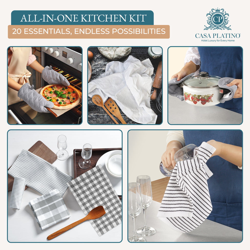 20 Piece Kitchen Towel Set - Cotton Dish Towels, Heat Resistant Kitchen Mittens and Pot Holder Set, Apron for Women with Pockets , Absorbent Dish Towels for Kitchen Drying - Olive