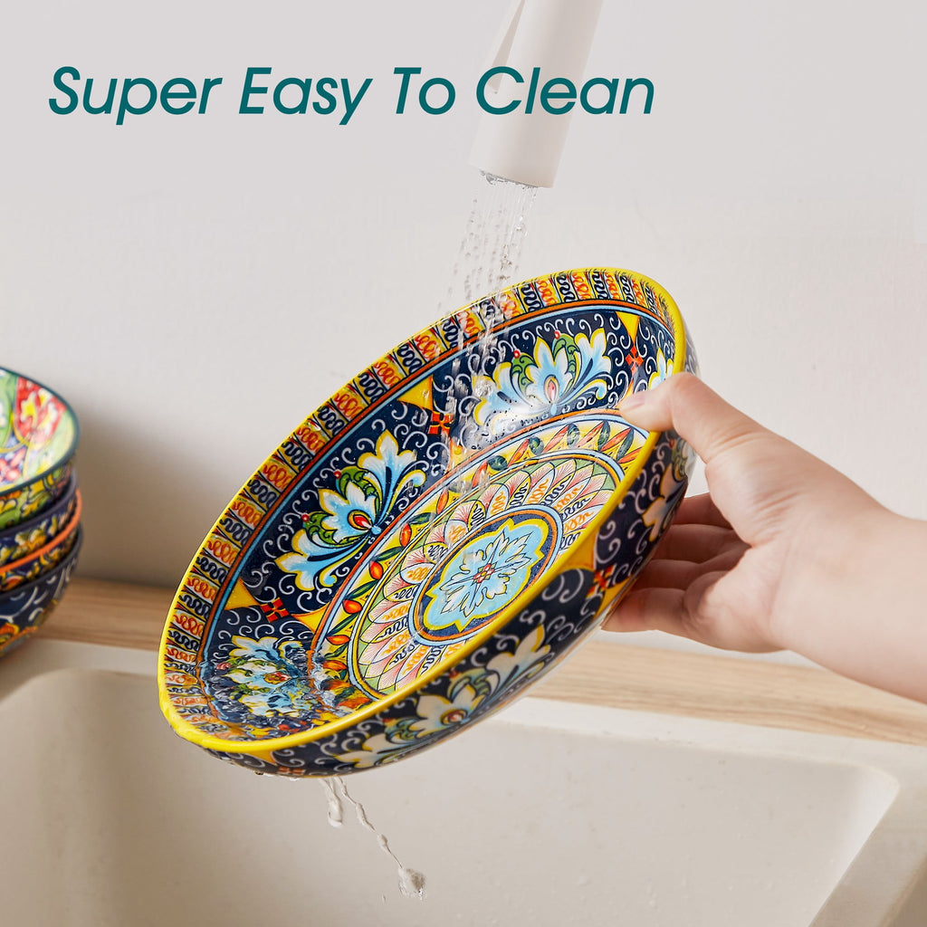Malacasa Pasta Bowls, Ceramic Salad Bowls Set of 6, 42 oz Large Corlorful Serving Bowls for Kitchen, Dishwasher Microwave Safe Soup Bowls Set, Pasta Plates