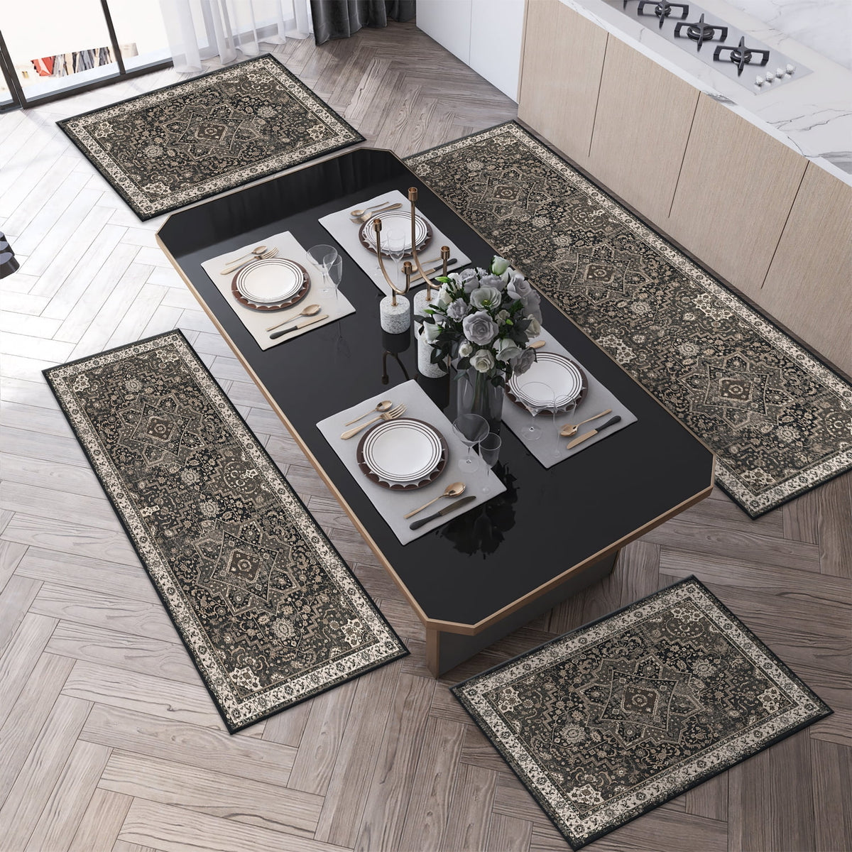 TECHVIDA Kitchen Rug Set 3 Piece,Non Slip Machine Washable Kitchen Mats, Farmhouse Hallway Doormat for Home Floor and Living Room,Gray