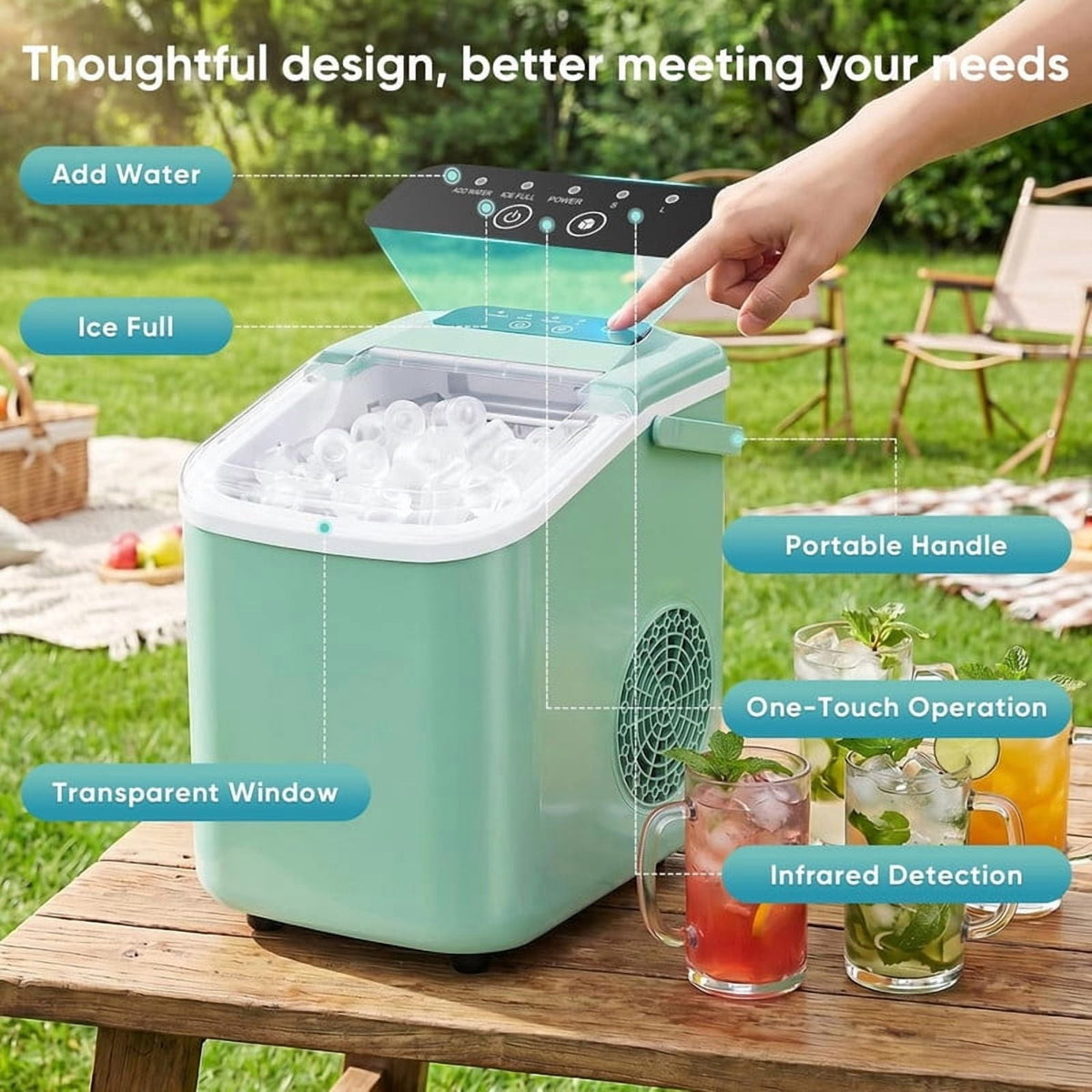 Simenmax Ice Maker Countertop – 26lbs Desktop ice maker with Handle for Home, Kitchen, Office, Outdoors, RV, Camping, White