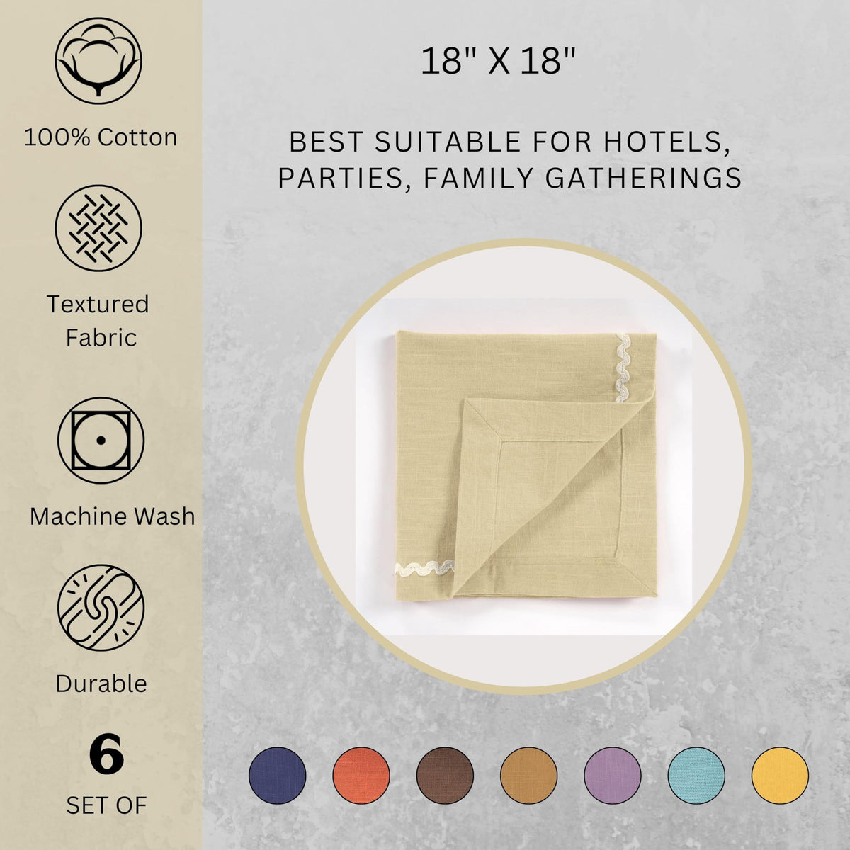 Fingercraft Cloth Napkin, Soft Quality Cotton Linen Blend Fabric, Dinner Napkins with Premium White Lace, 6 Pack, 20”x20” Aqua