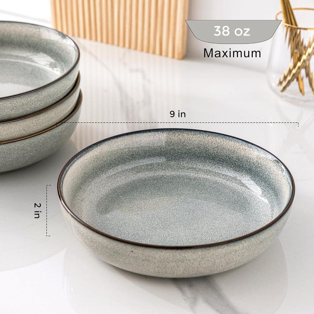AmorArc 8.75'' Large Ceramic Pasta Bowls, 38oz Stoneware Pasta Serving Bowls Set of 4 for Kitchen, Wide Bowls for Fruit,Pasta,Salad,Oatmeal,Meal, Microwave Safe, Reactive Glaze-Space Blue