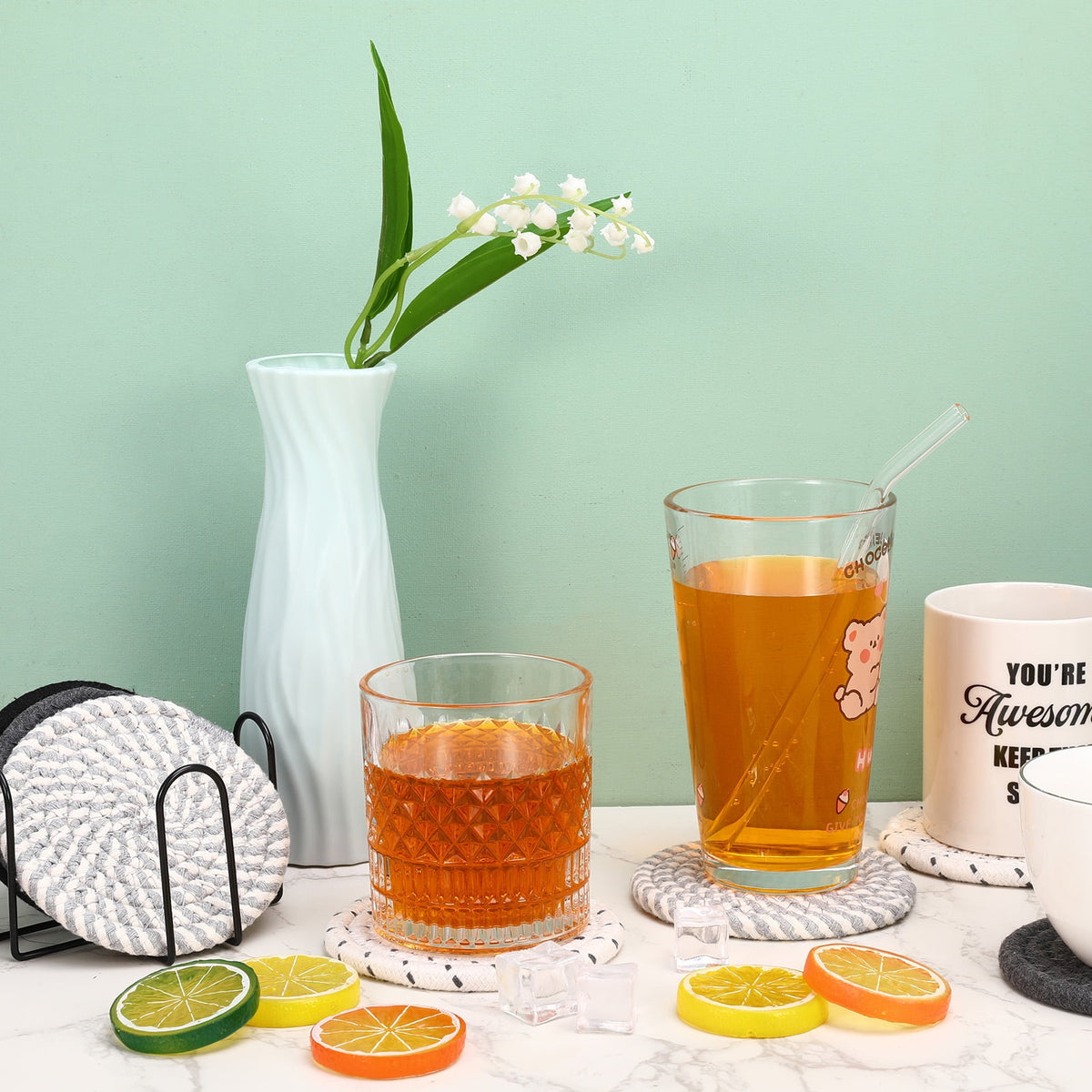 AOWOO 8 Pcs Drink Coasters with Holder, Cotton Woven Absorbent Coasters for Drinks, Minimalist Home Decor Coaster Set for Wooden Tabletop Protection Table(Color 1)