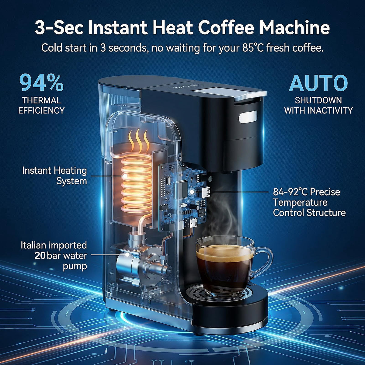 GVODE 4-in-1 Single Serve Coffee Maker, 3-Second Heat-Up, 20 Bar Hot and Iced Espresso Machine, White