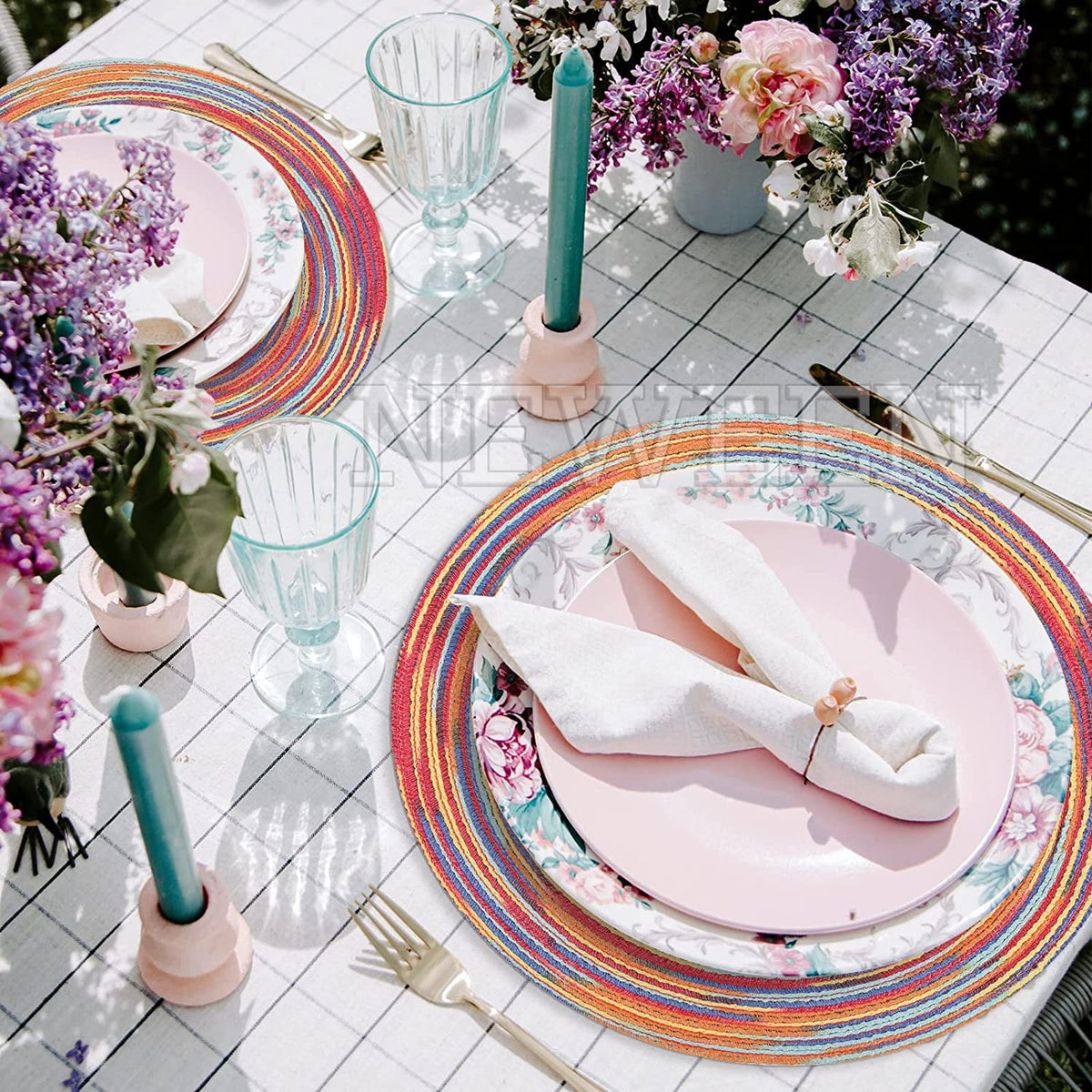 NEWEEN 15" Round Placemats Set of 6 Braided Fabric Heat Resistant Washable Table Mat for Kitchen for Kitchen Party Decor