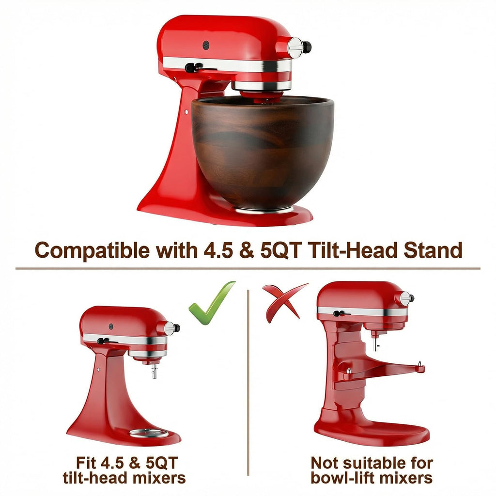 GVODE Premium Natural True Wooden Mixing Bowl Attachment for KitchenAid 4.5-5 Qt Tilt-Head Stand Mixers with Stainless Steel Base