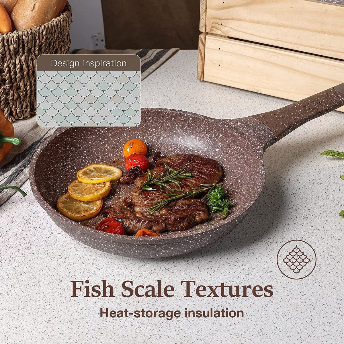 Carote 18-Piece Nonstick Pots and Pans, Granite Cookware Set with Kitchen Utensils, Brown