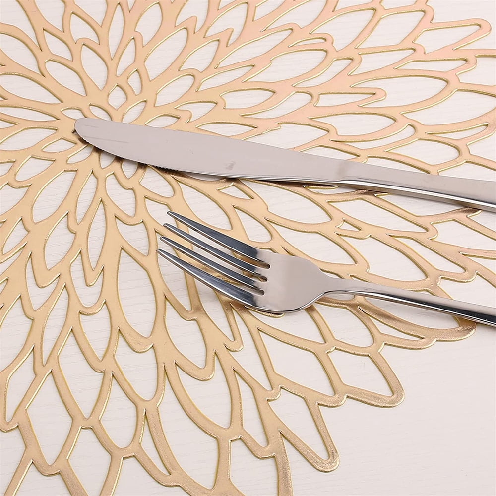 Vinyl Placemats Non-Slip Washable Heat Resistant Round PVC Table Mats for Morden Kitchen Dining Table Wedding,Gold