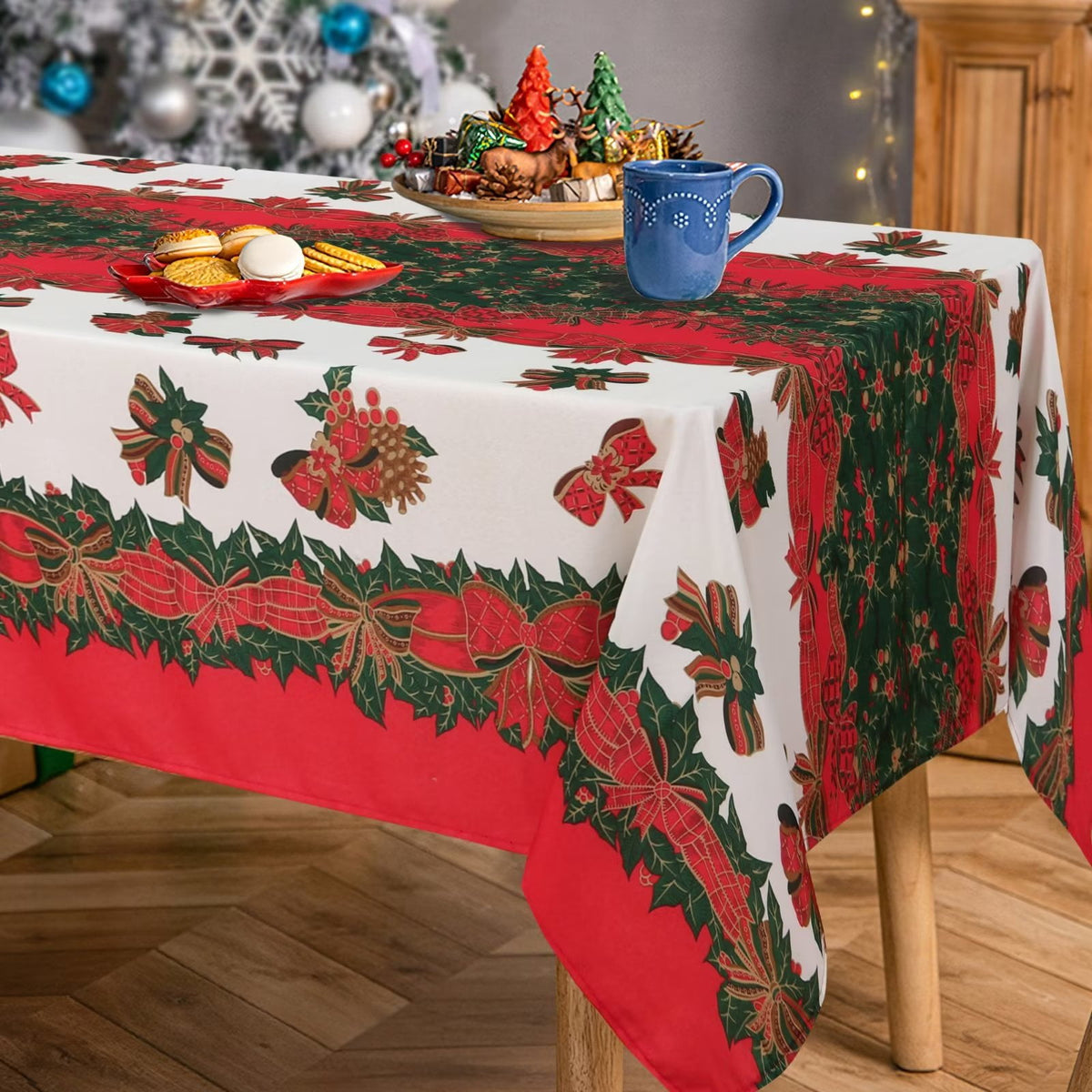 LUSHVIDA Christmas Tablecloth Rectangle - 60x84 inch Holly Ribbon Pattern Washable Wrinkle Resistant Holiday Tablecloths for Christmas Family Gathering, Dining Room Table Decoration 130GSM