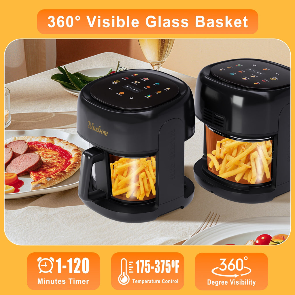 Bluebow 5 Quart Air Fryer with 360° Viewing Glass Pot, 8-in-1 Digital Touchscreen, Nonstick & Dishwasher Safe Basket, Less Oil, 1350W (White)