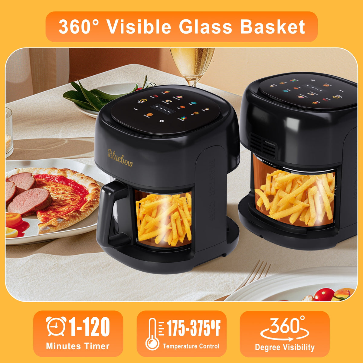 Bluebow 5 Quart Air Fryer with 360° Viewing Glass Pot, 8-in-1 Digital Touchscreen, Nonstick & Dishwasher Safe Basket, Less Oil, 1350W (White)