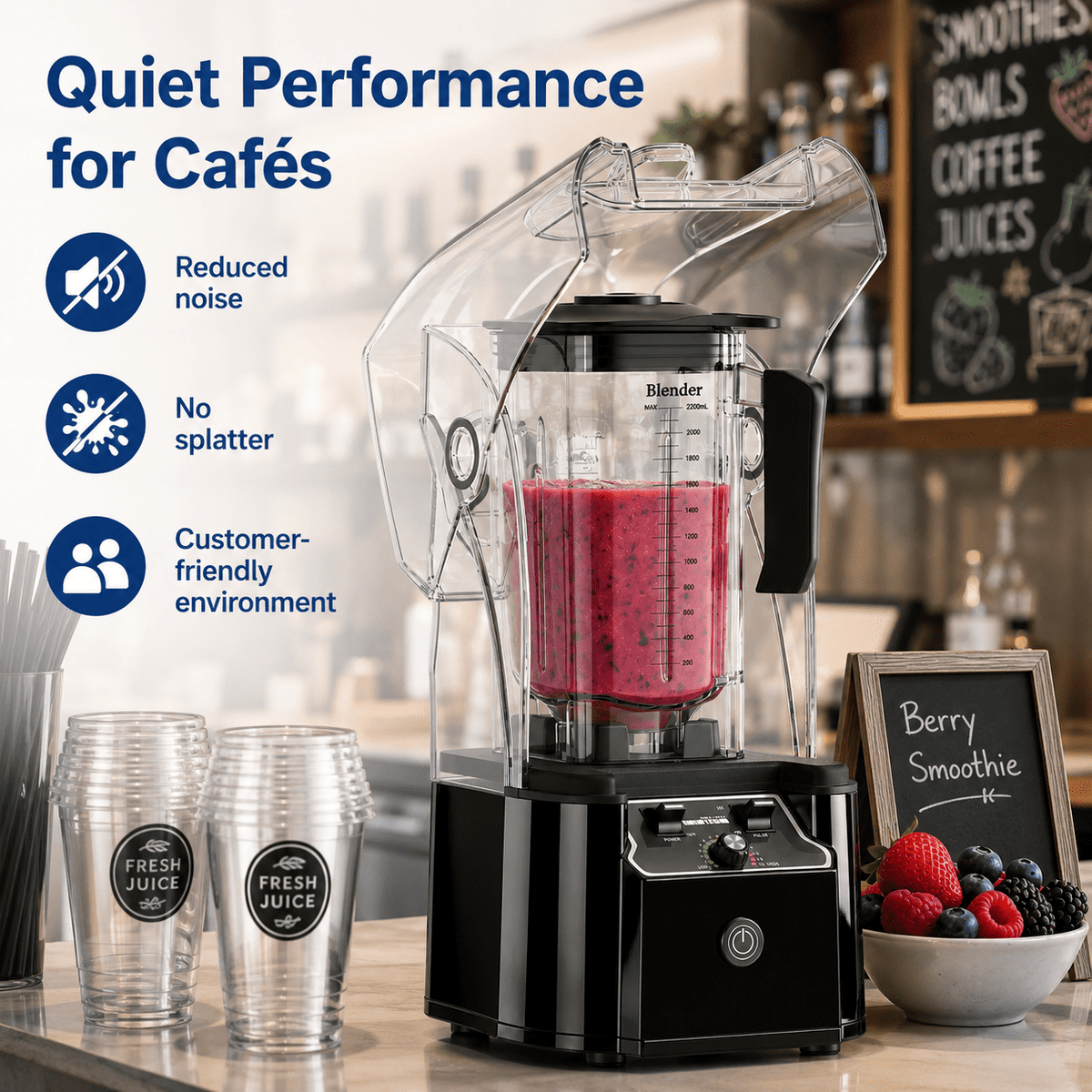 WantJoin Blender-Commercial Blender with Soundproof Shield, Enclosure 2200W ,Quiet Professional-Grade Power,Self-Cleaning,Gray