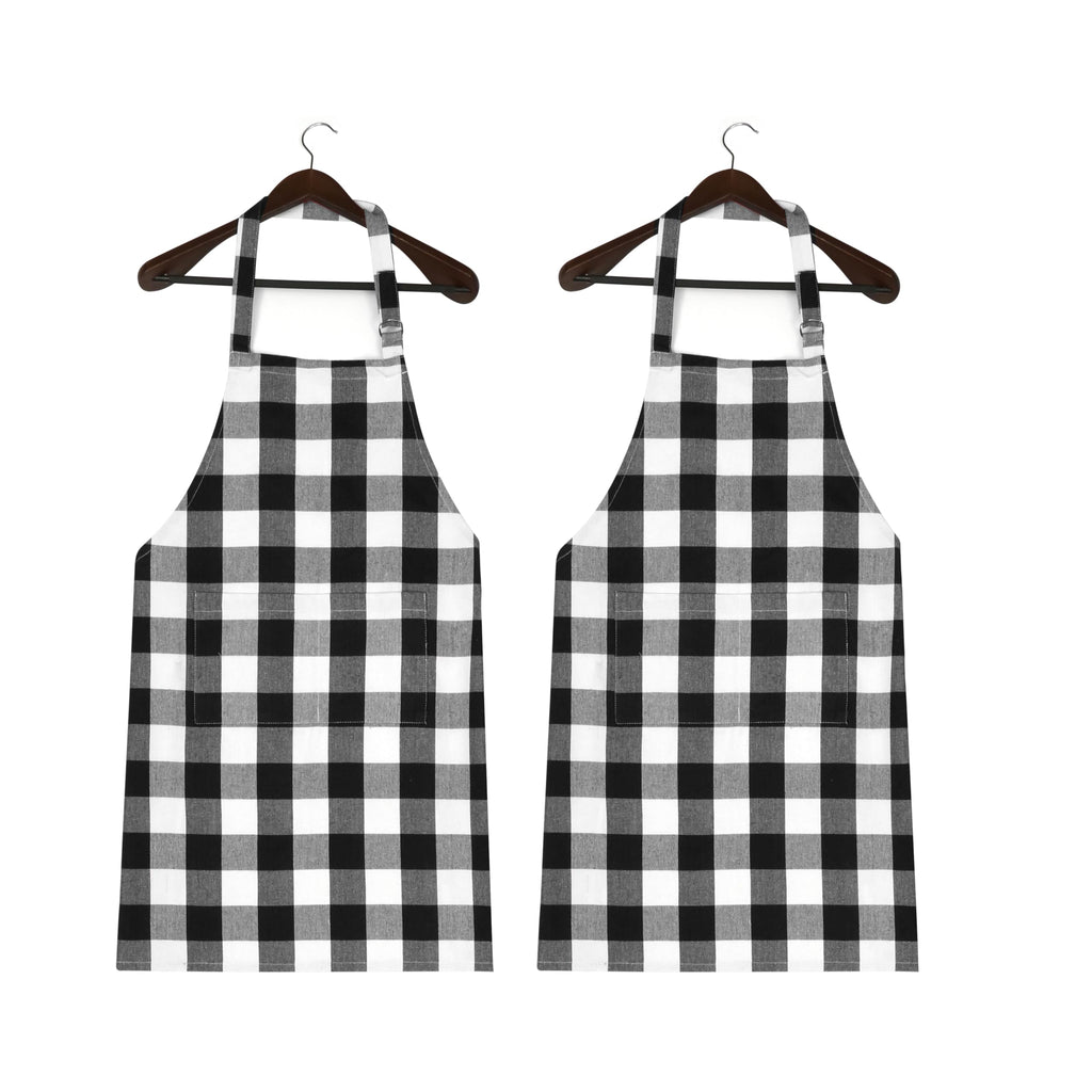 Softopia Cotton Buffalo Plaid Check 2 Pack Kitchen Aprons with Pocket 100% Cotton 27"x33" - Adjustable Neck Apron for Adults Cooking, Black White