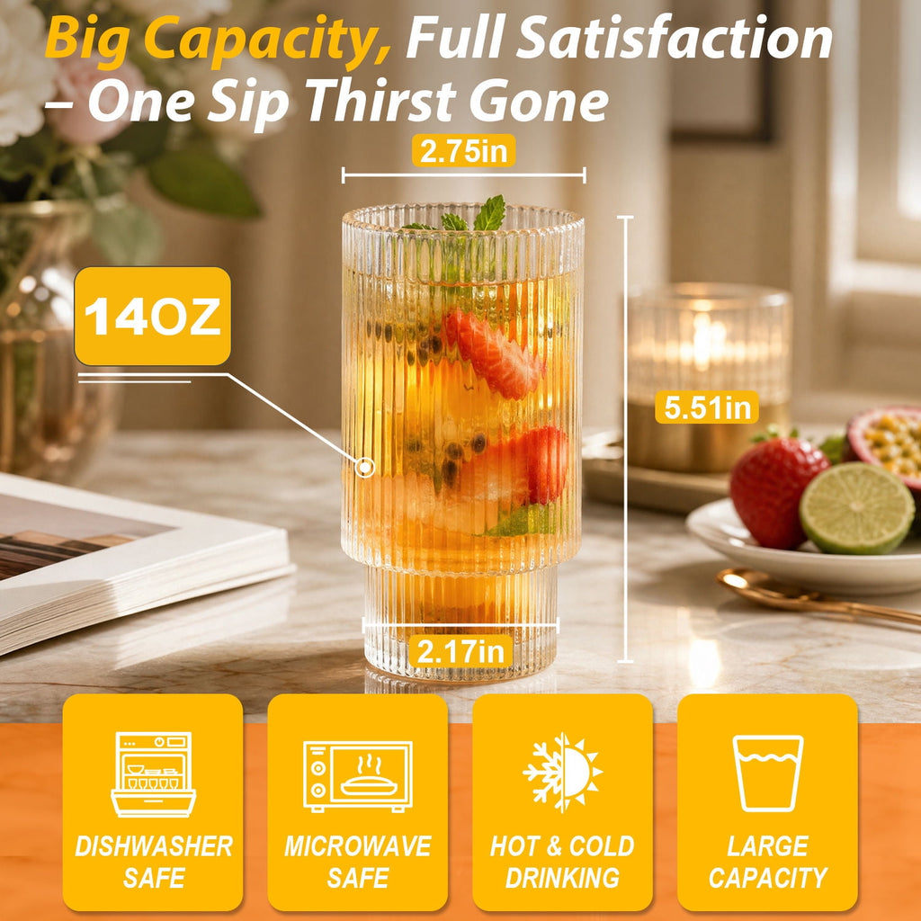 Soulgenix Drinking Glasses Set of 6, 14 oz Highball Glasses Set, Tumbler and Rocks Drinking Glassware for Beer, Juice, Water, Whiskey, Dishwasher Safe