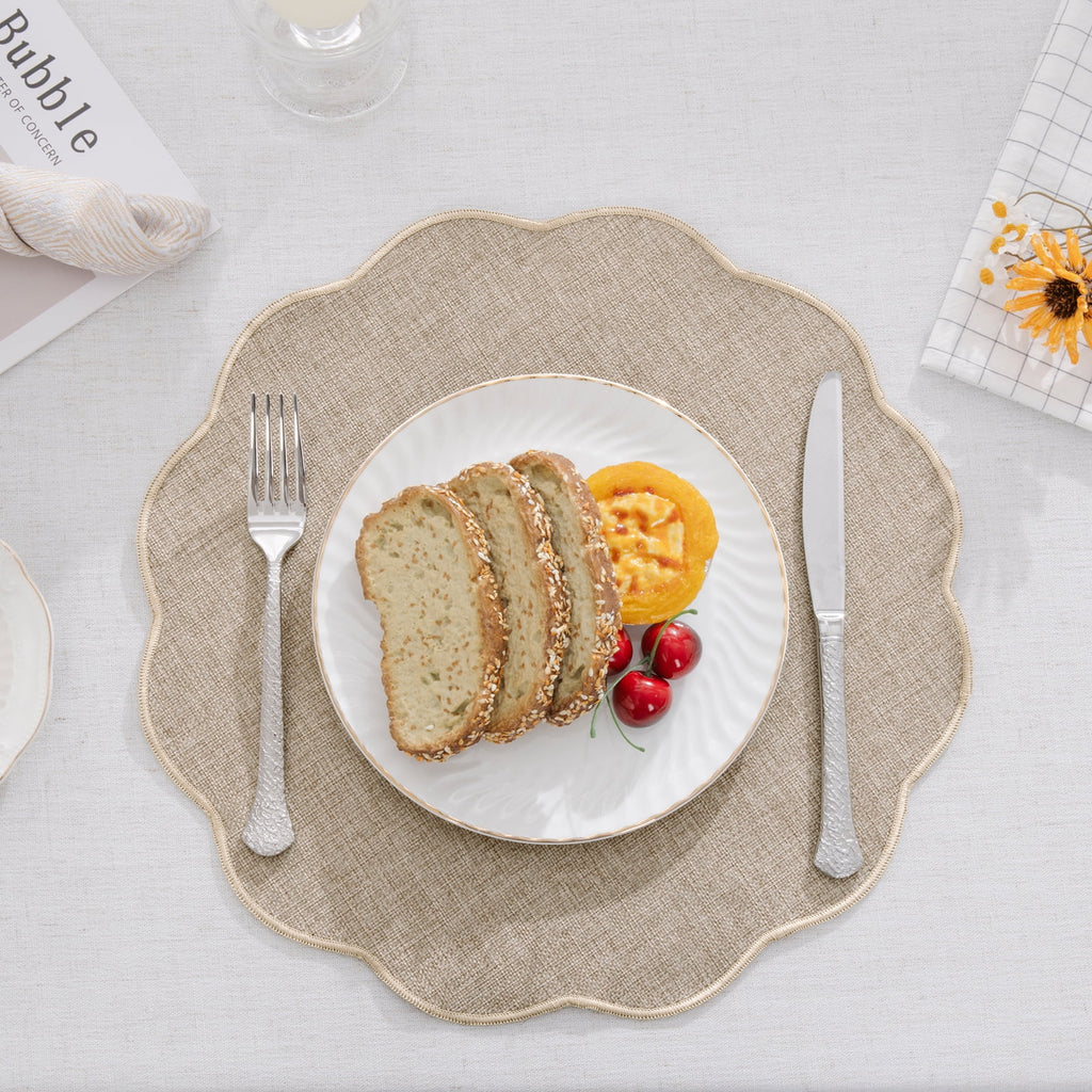 Ileading Scalloped Round Placemats Set of 6 Polyester Linen Blend Washable Non Slip Place Mats Easy Clean Heat Resistant Table Mats for Kitchen Dining Table Decor