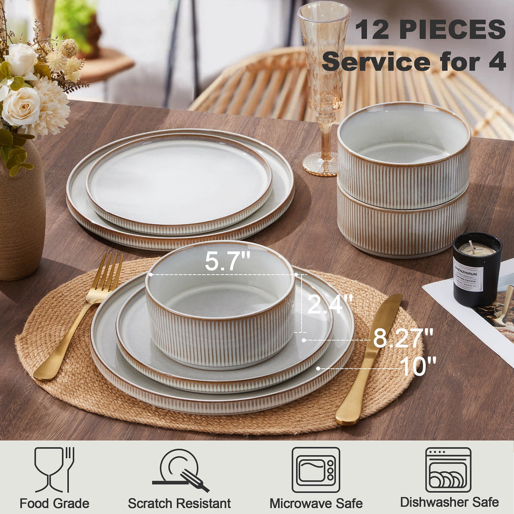 Vesteel 12 Pieces Dinnerware Set for 4, Premium Stoneware Ribbed Dishes, Chip & Scratch Resistant Plates and Bowls Set for Home Restaurant, Microwave and Dishwasher Safe - Speckled White